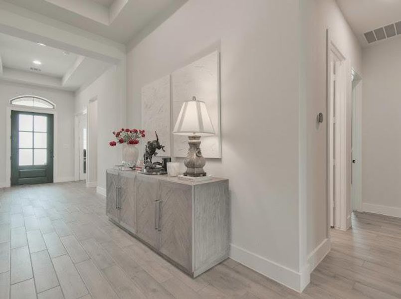 Foyer entrance featuring light wood finished floors and a tray ceiling Foyer entrance featuring light wood finished floors and a tray ceiling