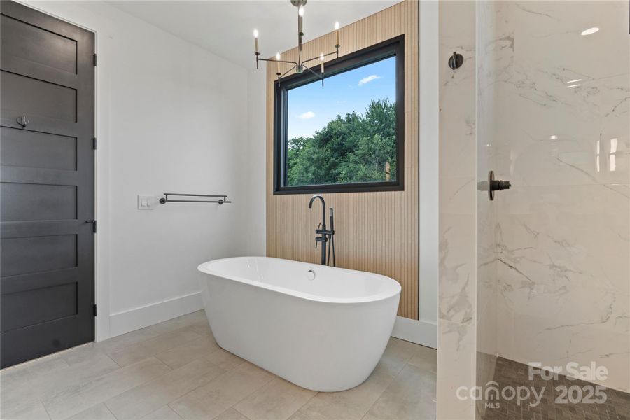 Primary Bath - Free standing tub with porcelain accent wall Primary Bath - Free standing tub with porcelain accent wall