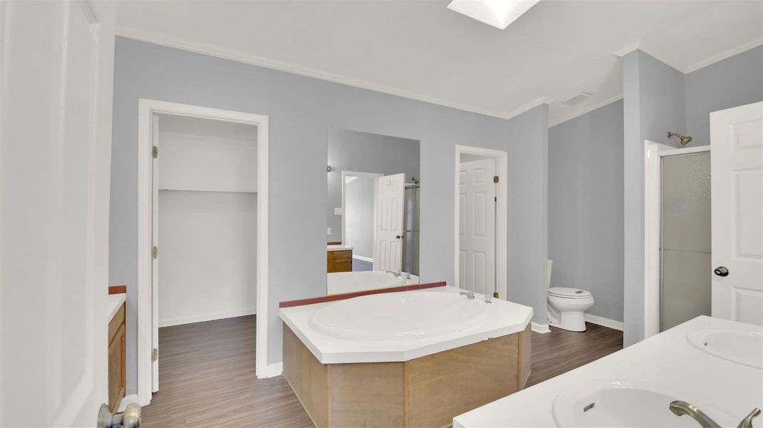 Bathroom with double vanity, a skylight, a shower stall, a bath, and dark wood-type flooring