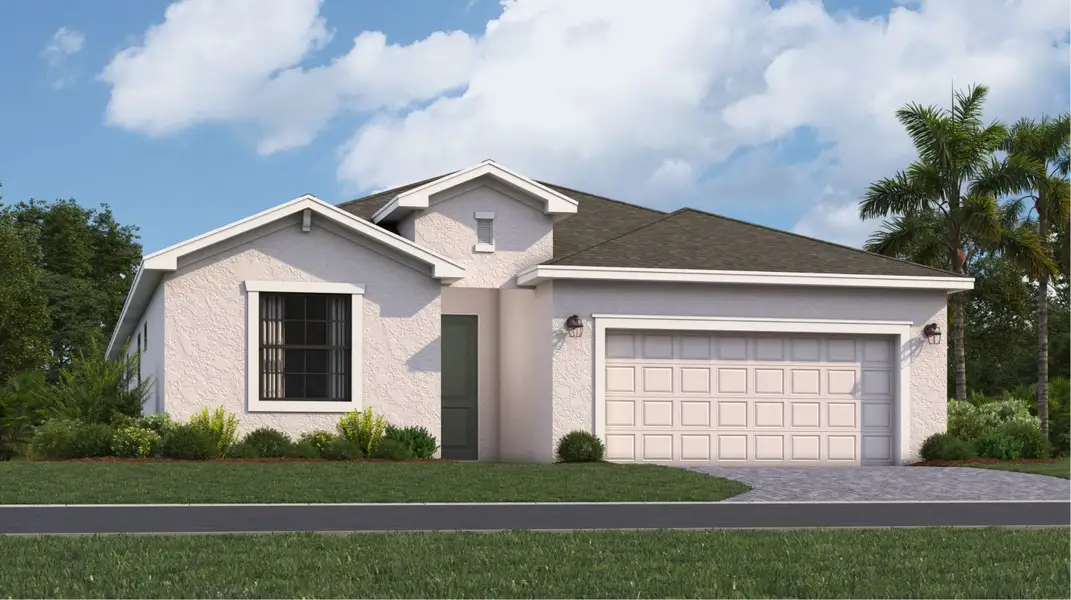 Front exterior of a new home in Rye Ranch, Parrish, FL, highlighting curb appeal (Image 1). Front exterior of a new home in Rye Ranch, Parrish, FL, highlighting curb appeal (Image 1).