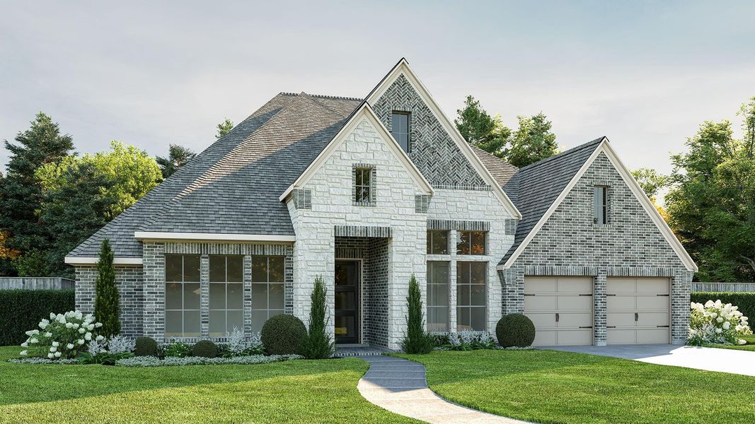 Front exterior of a new home in Meridiana, Manvel, TX, highlighting curb appeal (Image 1). Front exterior of a new home in Meridiana, Manvel, TX, highlighting curb appeal (Image 1).