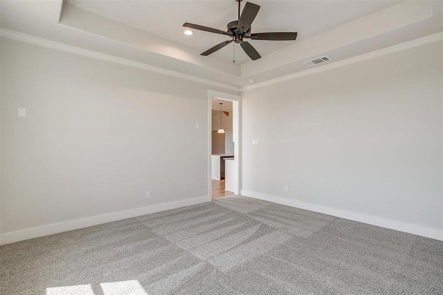 Empty room with ceiling fan, carpet flooring, and a tray ceiling