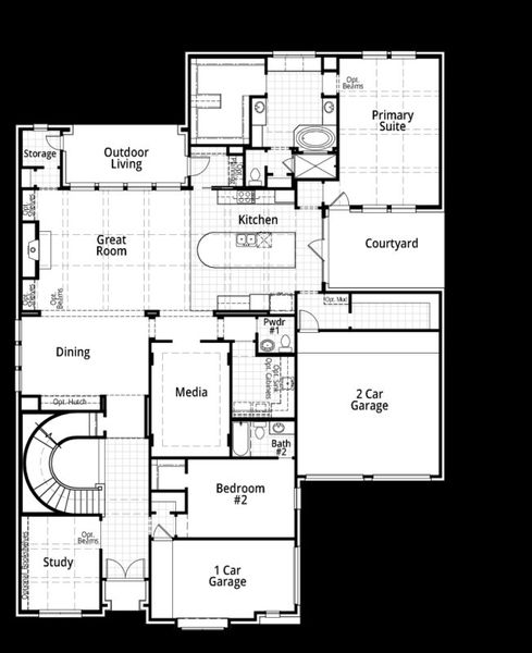 2D floor plan layout for the 608 by Highland Homes in Santa Rita Ranch: 90ft. lots, Liberty Hill, TX (Image 5).
