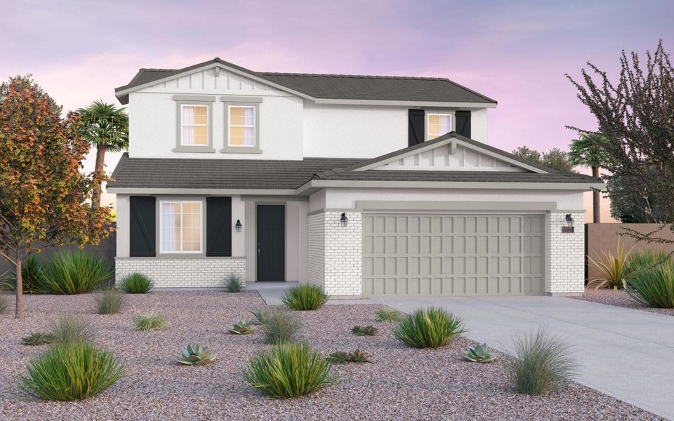 Representative exterior photo of a completed home built from the Ponderosa by Brookfield Residential in Laurel at Blossom Rock, Apache Junction, AZ (Image 1). Representative exterior photo of a completed home built from the Ponderosa by Brookfield Residential in Laurel at Blossom Rock, Apache Junction, AZ (Image 1).