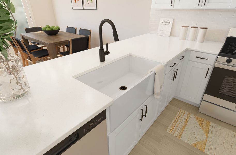 Kitchen with white apron-front matte black fixtures