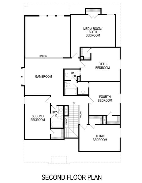2D floor plan layout for the Anatole R (w/Media or 6 Bedroom Option) by First Texas Homes in Trails at Cottonwood Creek, Rowlett, TX (Image 5).