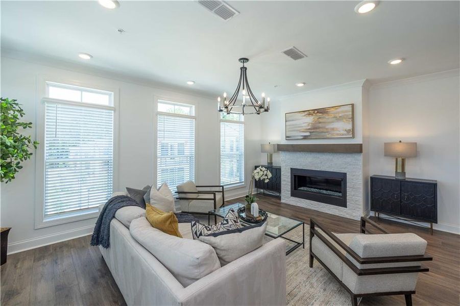 Furnished interior view inside a new home in Ward's Crossing Townhomes, Johns Creek (Image 8). Furnished interior view inside a new home in Ward's Crossing Townhomes, Johns Creek (Image 8).