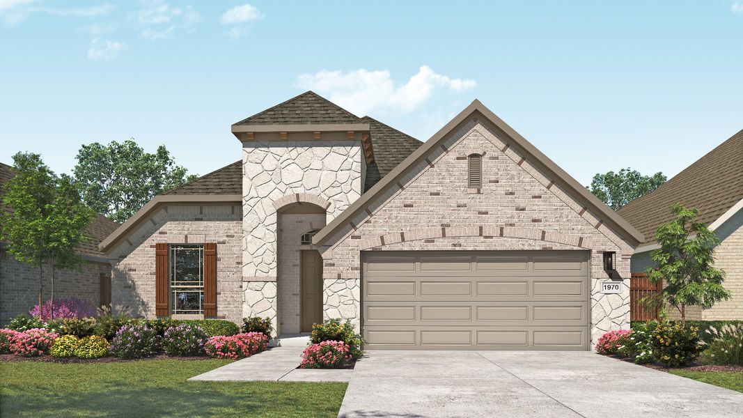 Representative exterior photo of a completed home built from the Palm by DRB Homes in Devine Landing, Leander, TX (Image 2). Representative exterior photo of a completed home built from the Palm by DRB Homes in Devine Landing, Leander, TX (Image 2).