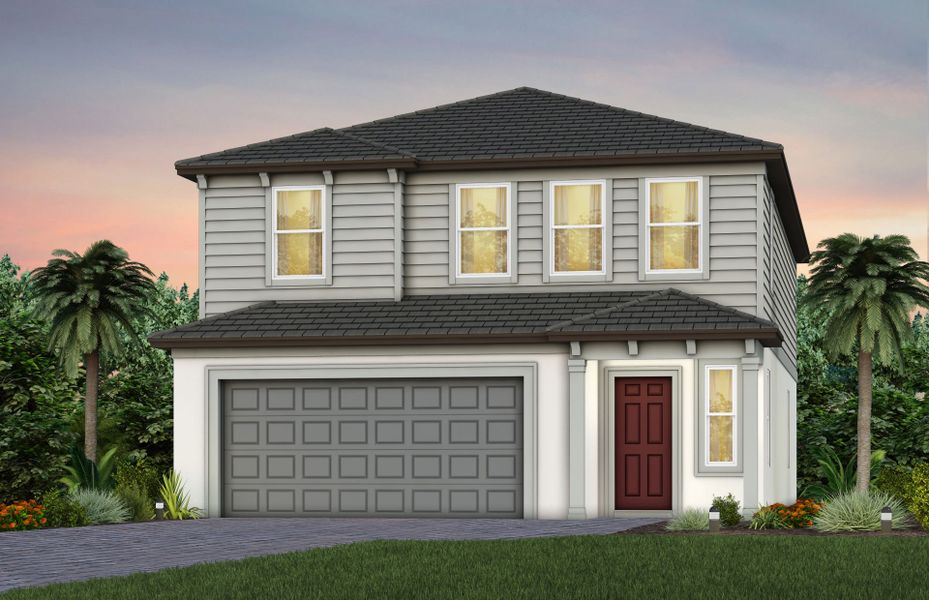 Front exterior of a new home in Longmeadow at North River Ranch, Parrish, FL, highlighting curb appeal (Image 1). Front exterior of a new home in Longmeadow at North River Ranch, Parrish, FL, highlighting curb appeal (Image 1).