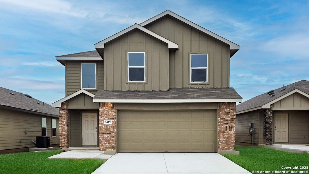 Front exterior of a new home in Sereno Springs, Converse, TX, highlighting curb appeal (Image 2). Front exterior of a new home in Sereno Springs, Converse, TX, highlighting curb appeal (Image 2).