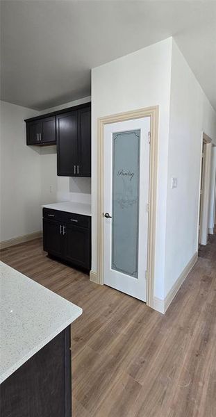 Kitchen with light stone counters and hardwood / wood-style floors