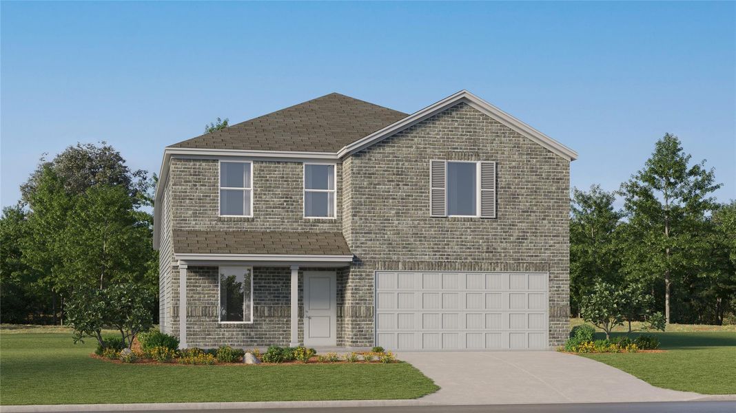 Front exterior of a new home in The Grand Prairie, Hockley, TX, highlighting curb appeal (Image 1). Front exterior of a new home in The Grand Prairie, Hockley, TX, highlighting curb appeal (Image 1).