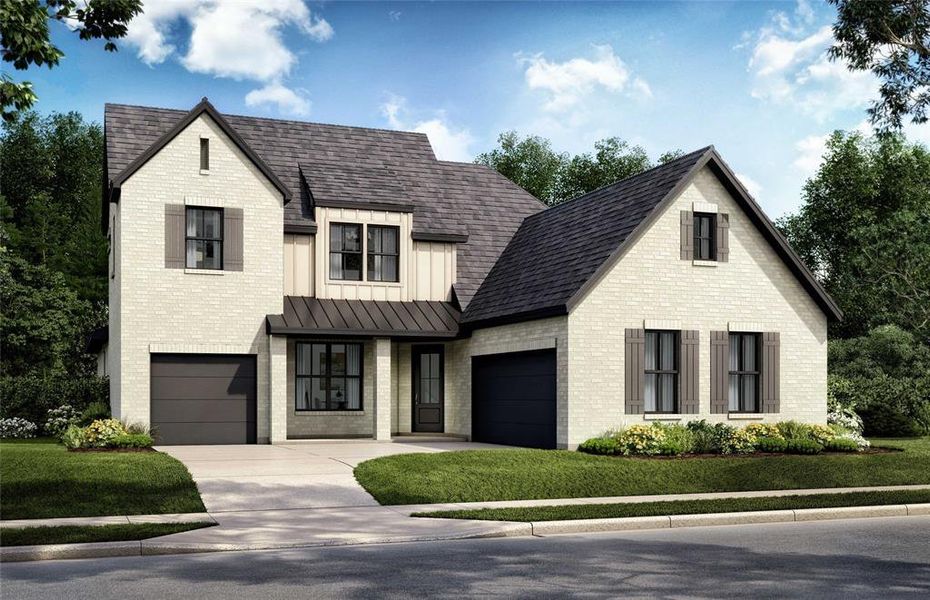 View of front of house featuring a front yard, a shingled roof, driveway, board and batten siding, and a standing seam roof