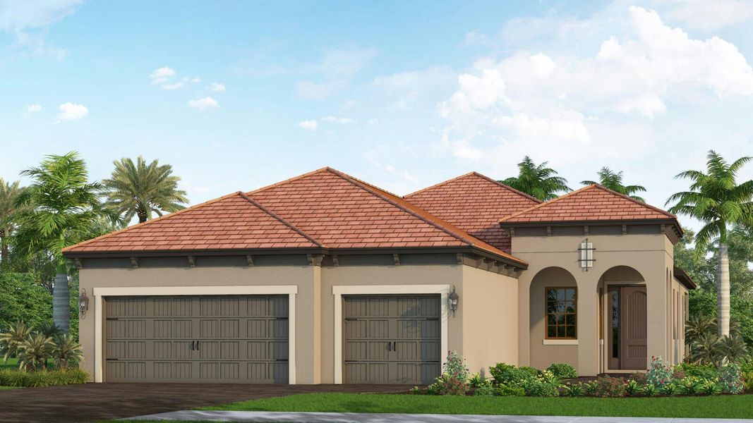 Front exterior of a new home in Vistera of Venice Real Estate and Homes for Sale in Venice, FL - Neal Communities, Venice, FL, highlighting curb appeal (Image 1). Front exterior of a new home in Vistera of Venice Real Estate and Homes for Sale in Venice, FL - Neal Communities, Venice, FL, highlighting curb appeal (Image 1).