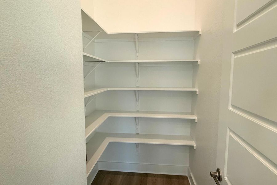 Walk-in pantry featuring white shelving, wood-finish flooring, and a white interior door with a brushed nickel handle