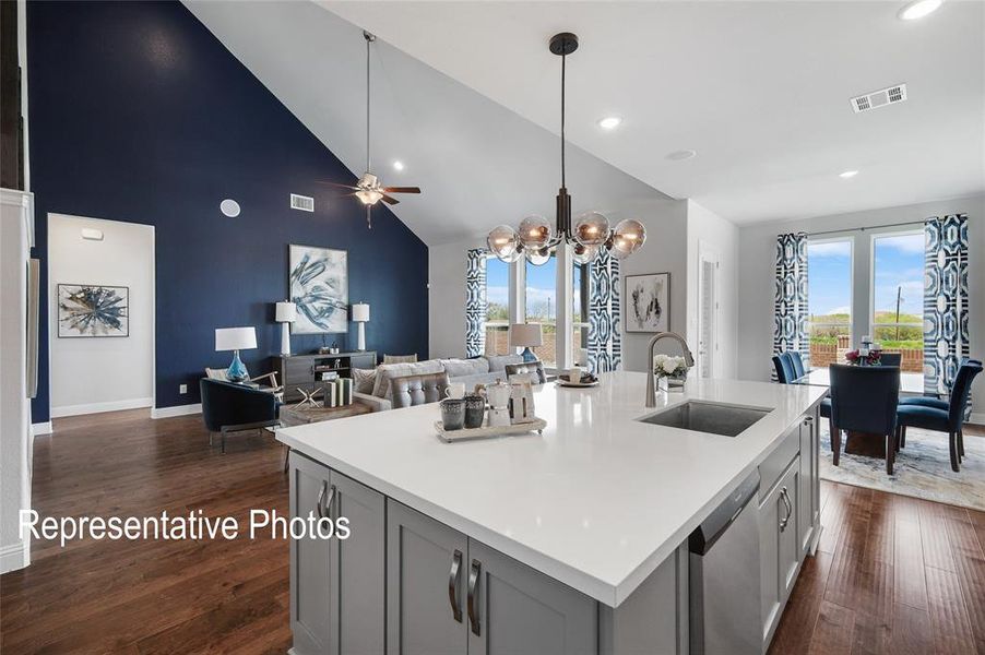 Kitchen featuring a kitchen island with sink, sink, dark hardwood / wood-style flooring, and gray cabinets