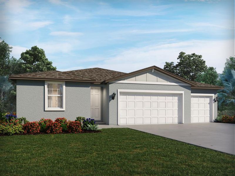 Front exterior of a new home in Pine Ridge Meadows, Hudson, FL, highlighting curb appeal (Image 1). Front exterior of a new home in Pine Ridge Meadows, Hudson, FL, highlighting curb appeal (Image 1).