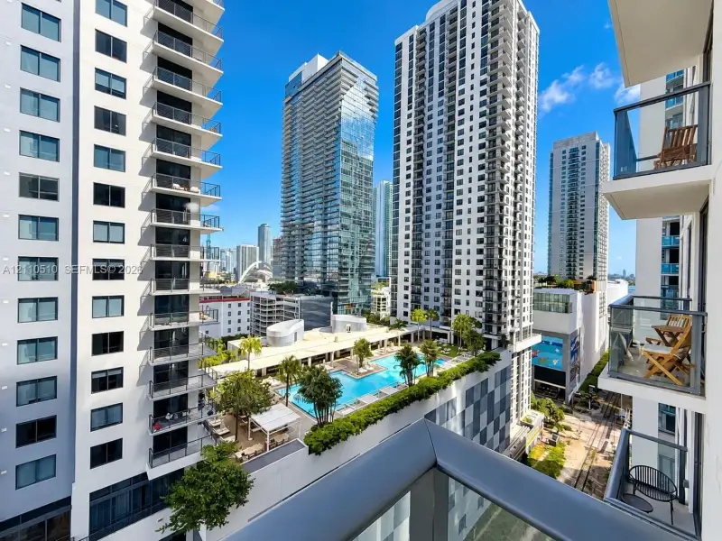 Private balcony with glass panel railing overlooking an outdoor elevated swimming pool, surrounded by high-rise urban architecture Private balcony with glass panel railing overlooking an outdoor elevated swimming pool, surrounded by high-rise urban architecture