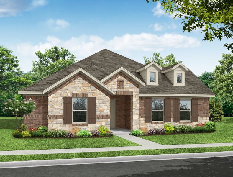 Representative exterior photo of a completed home built from the McGill by Impression Homes in Redden Farms, Midlothian, TX (Image 6). Representative exterior photo of a completed home built from the McGill by Impression Homes in Redden Farms, Midlothian, TX (Image 6).