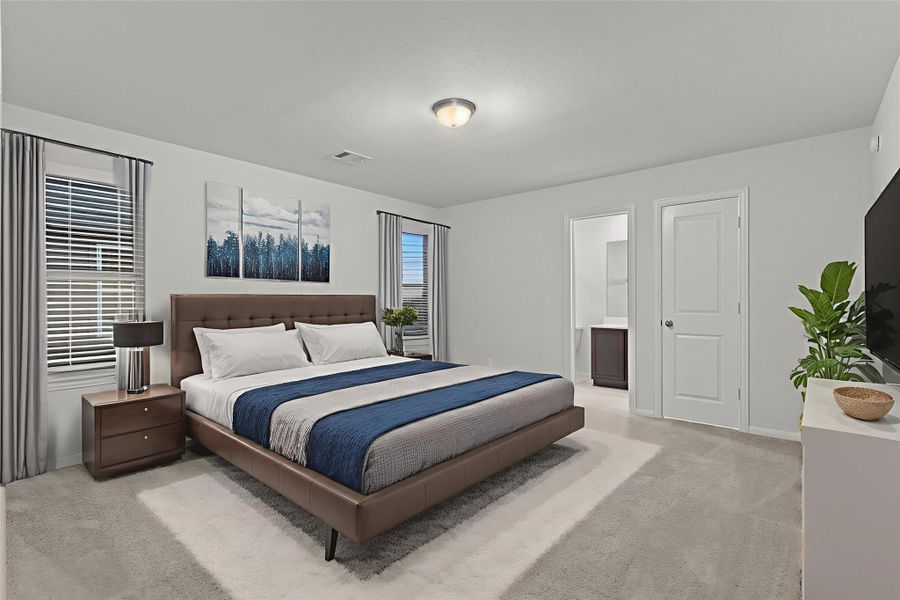 The virtually staged upstairs bedroom provides plenty of space for comfort and privacy. With ample room for a large bed, dresser, and seating area, this room is ready to welcome guests in style.   This gust bedroom has it's own private bathroom!