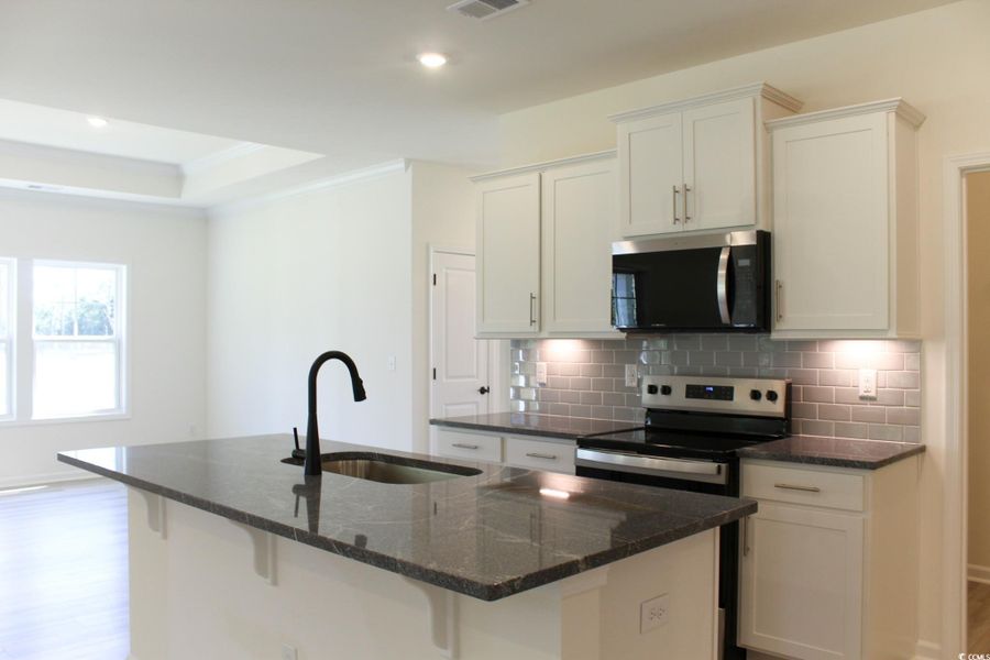 Kitchen featuring stainless steel appliances, backsplash, white cabinets, dark wood-type flooring, and a kitchen island with sink Kitchen featuring stainless steel appliances, backsplash, white cabinets, dark wood-type flooring, and a kitchen island with sink