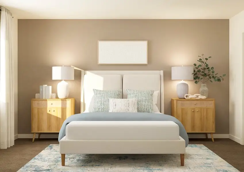 Rendering of a bedroom furnished with a large white couch in between two side tables. Rendering of a bedroom furnished with a large white couch in between two side tables.