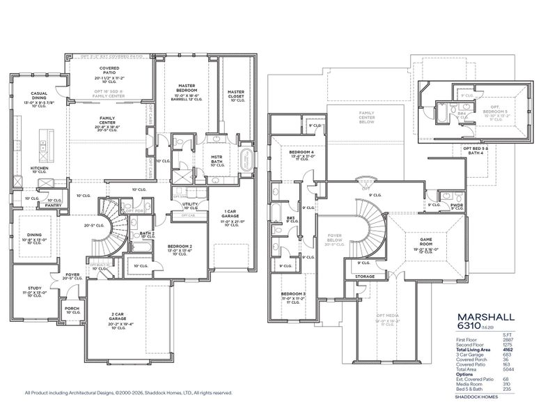 2D floor plan layout for the Marshall - SH 6310 by Shaddock Homes in Grand Oaks at Green Meadows - 70', Celina, TX (Image 3).