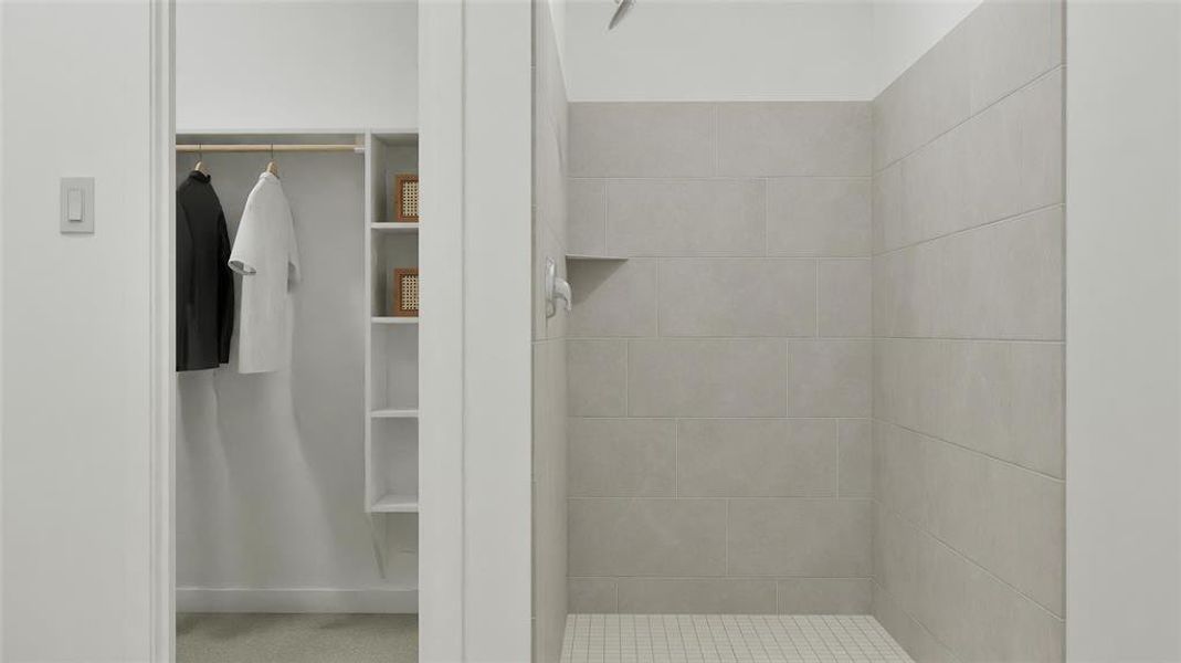 Bathroom with a stall shower and a spacious closet Bathroom with a stall shower and a spacious closet