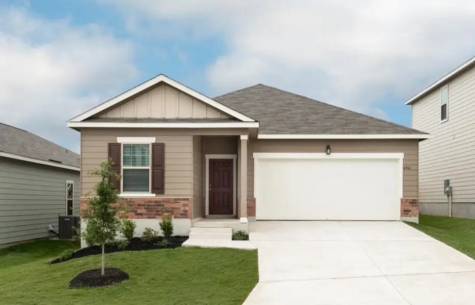 Front exterior of a new home in Willow Springs, Buda, TX, highlighting curb appeal (Image 1). Front exterior of a new home in Willow Springs, Buda, TX, highlighting curb appeal (Image 1).