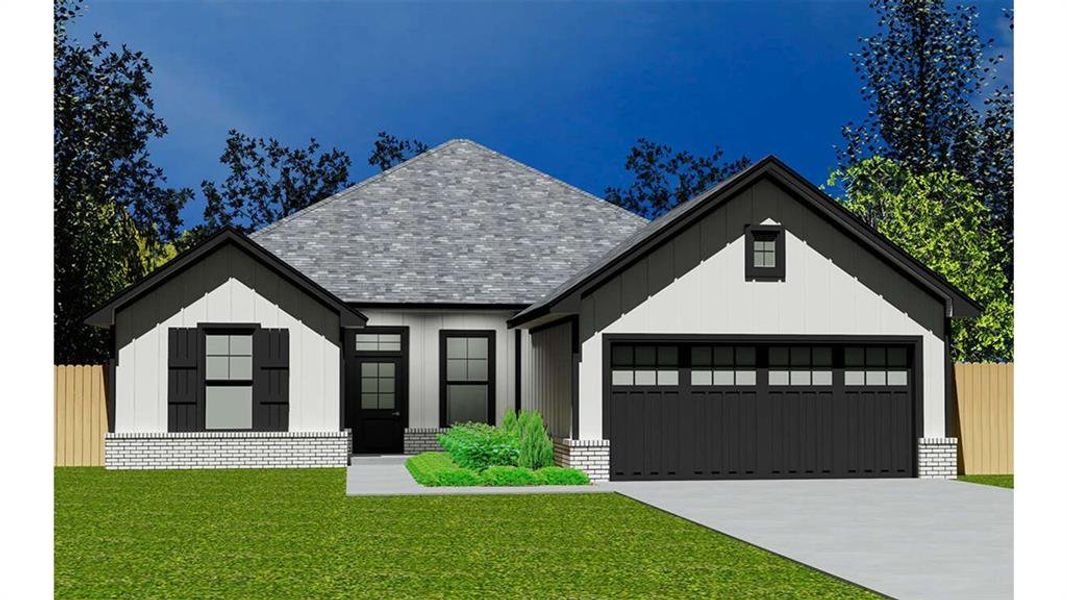 Modern inspired farmhouse with roof with shingles, an attached garage, concrete driveway, and board and batten siding Modern inspired farmhouse with roof with shingles, an attached garage, concrete driveway, and board and batten siding