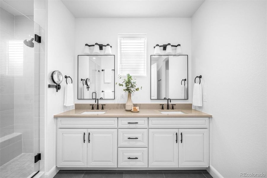 Spa-like en-suite primary bathroom with dual vanities