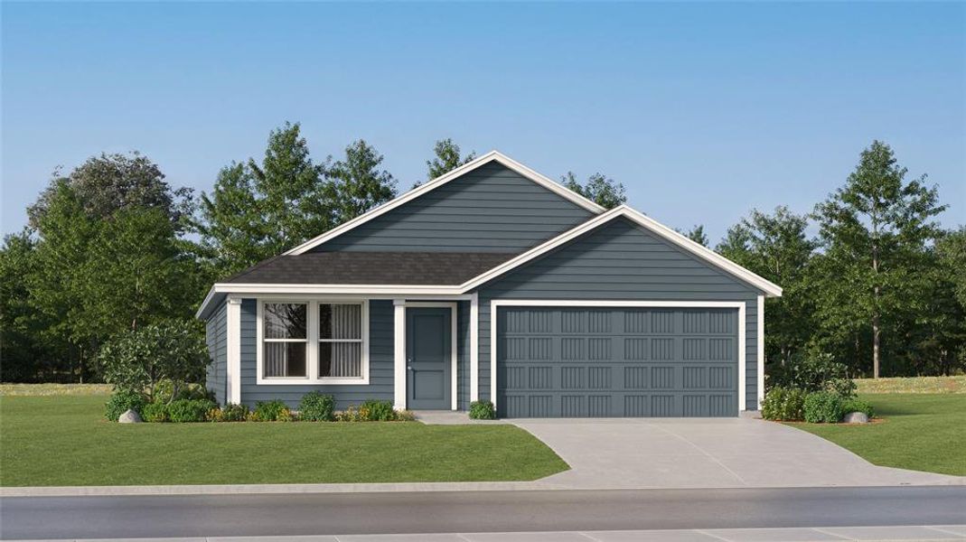 View of front of house featuring a garage, driveway, a front lawn, and a shingled roof