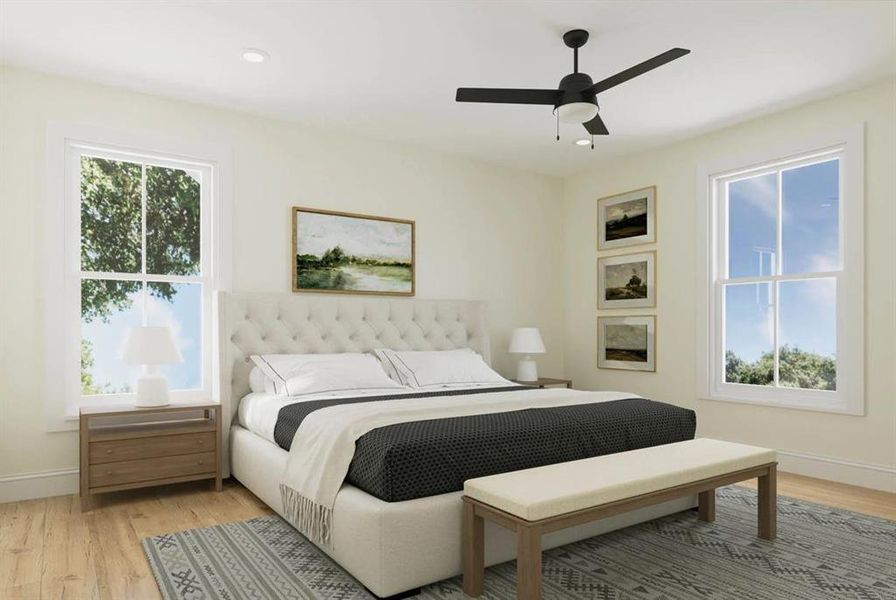 Bedroom with light wood finished floors, ceiling fan, multiple windows, and recessed lighting