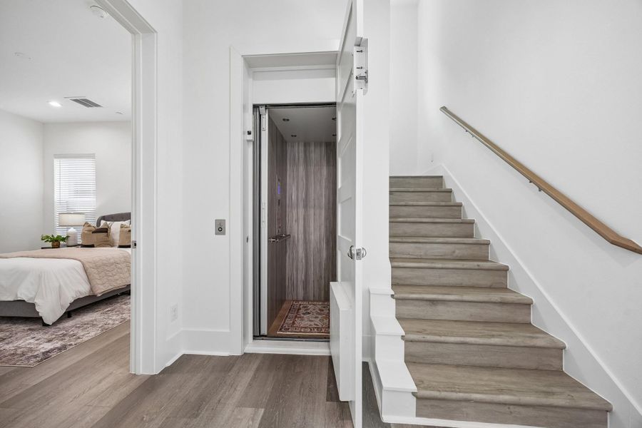 The elevator is located right in the foyer and services all four floors. The elevator is located right in the foyer and services all four floors.