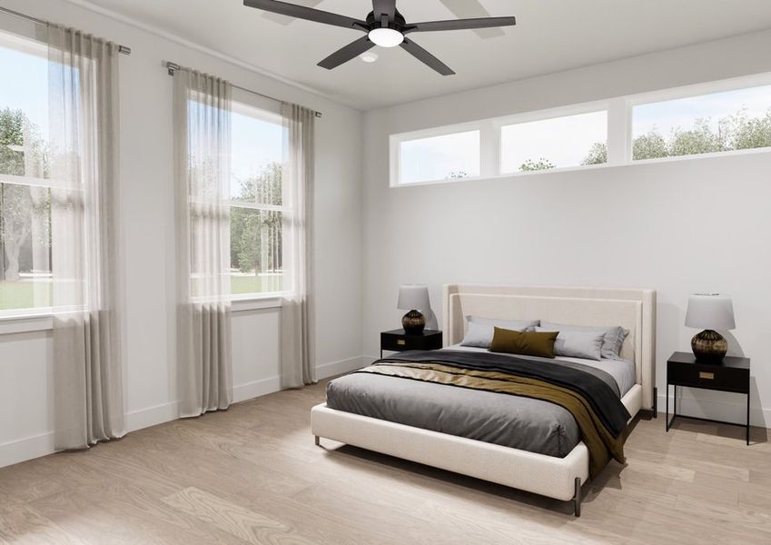 A modern bedroom features a large bed with gray and mustard bedding, flanked by black nightstands and lamps. Bright windows, light wood floor, and a ceiling fan add to the contemporary, airy feel. A modern bedroom features a large bed with gray and mustard bedding, flanked by black nightstands and lamps. Bright windows, light wood floor, and a ceiling fan add to the contemporary, airy feel.
