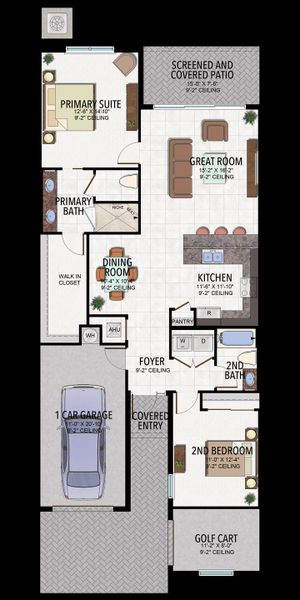 2D floor plan layout for the Areca by GL Homes in Valencia Parc at Riverland, Port St. Lucie, FL (Image 4).