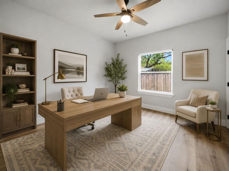 Natural light illuminates this open-concept living space with vaulted ceilings and beautiful wood style flooring. Natural light illuminates this open-concept living space with vaulted ceilings and beautiful wood style flooring.