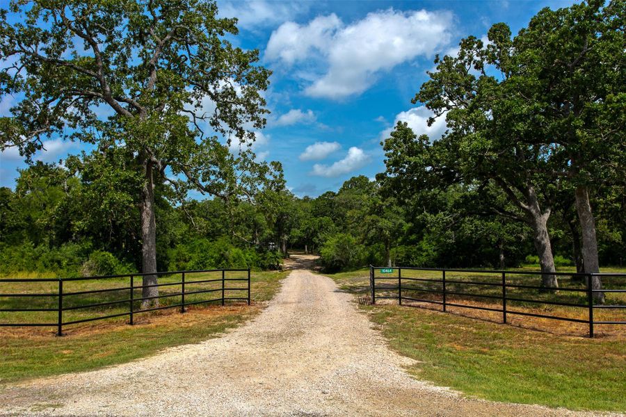 View of dirt / gravel road featuring a view of rural / pastoral area, a view of trees, and a gated entry