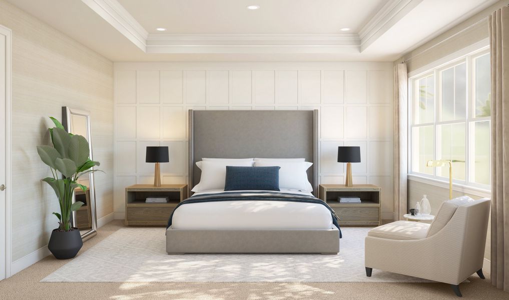 Primary suite with decorated feature wall & tray ceiling