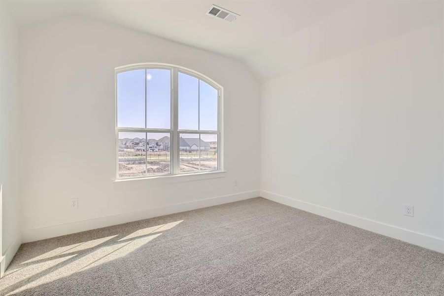 Carpeted spare room featuring vaulted ceiling