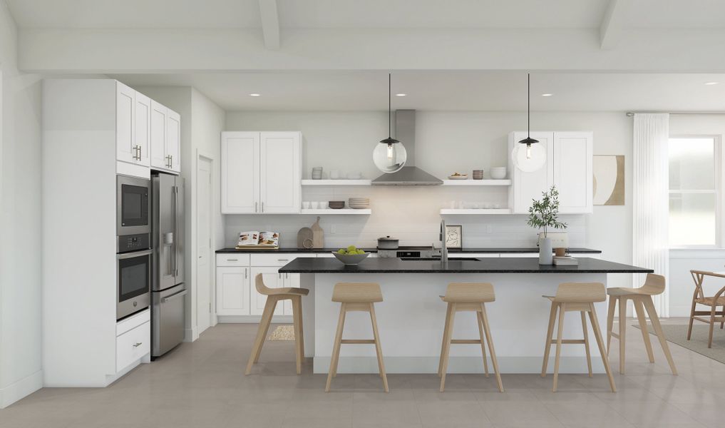 Kitchen with pendant lighting and floating shelves