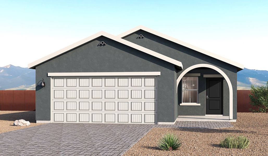 Front exterior of a new home in Redford Estates, Tucson, AZ, highlighting curb appeal (Image 1). Front exterior of a new home in Redford Estates, Tucson, AZ, highlighting curb appeal (Image 1).