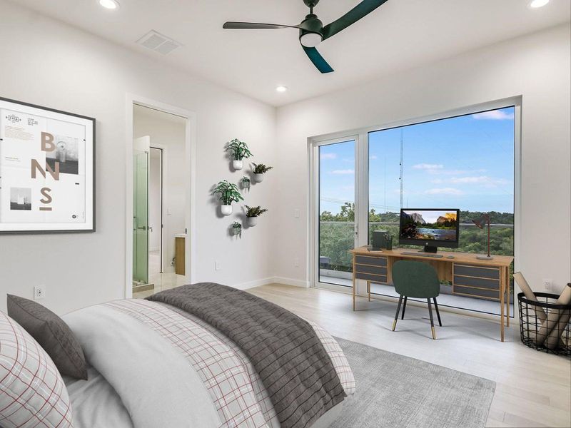 A tranquil bedroom retreat features a desk with a sweeping vista and a door leading to an en suite bath. A tranquil bedroom retreat features a desk with a sweeping vista and a door leading to an en suite bath.