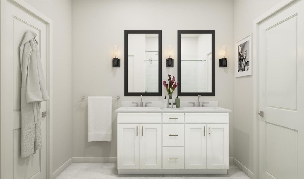 Primary bath with white vanity and dual sinks (*Artist rendering used for illustration purposes only.) Primary bath with white vanity and dual sinks (*Artist rendering used for illustration purposes only.)