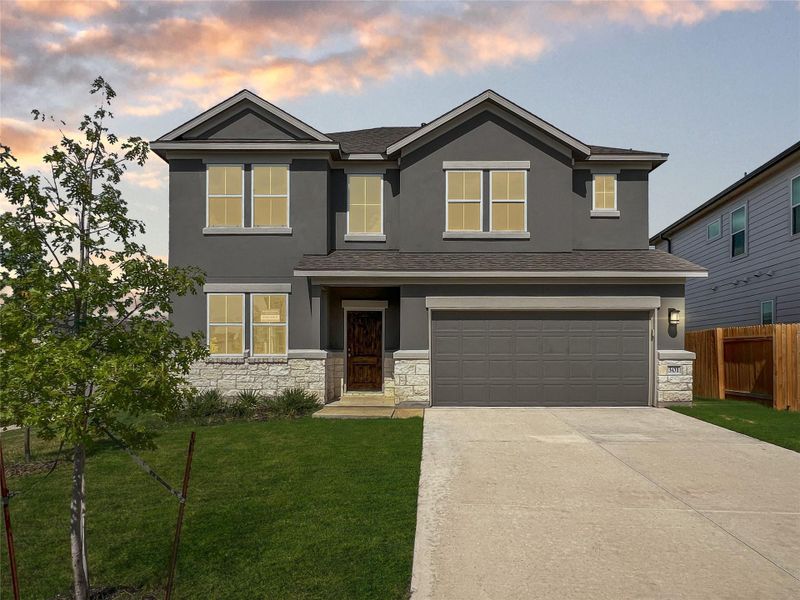 Front exterior of a new home in Morningstar, Andice, TX, highlighting curb appeal (Image 1). Front exterior of a new home in Morningstar, Andice, TX, highlighting curb appeal (Image 1).