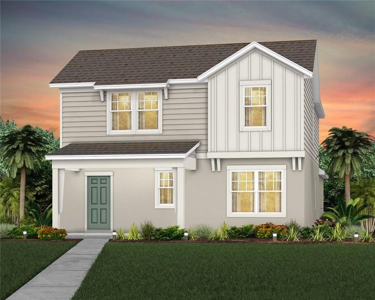 Front exterior of a new home in EverBe, Orlando, FL, highlighting curb appeal (Image 1). Front exterior of a new home in EverBe, Orlando, FL, highlighting curb appeal (Image 1).
