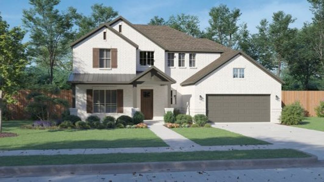 Front exterior of a new home in Painted Tree Lakeside, McKinney, TX, highlighting curb appeal (Image 1). Front exterior of a new home in Painted Tree Lakeside, McKinney, TX, highlighting curb appeal (Image 1).