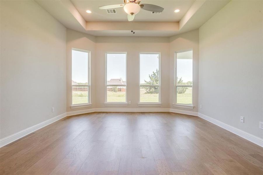 Spare room with a raised ceiling, ceiling fan, and light hardwood / wood-style floors