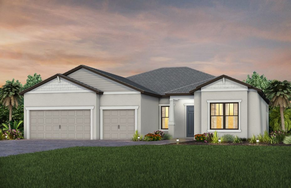 Front exterior of a new home in Talon Preserve on Palmer Ranch, Nokomis, FL, highlighting curb appeal (Image 2).