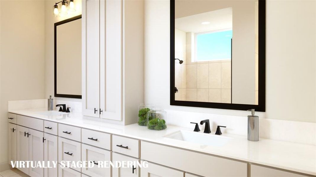 No shortage of space or style in this fantastic owner's bath!  VIRTUALLY STAGED RENDERING